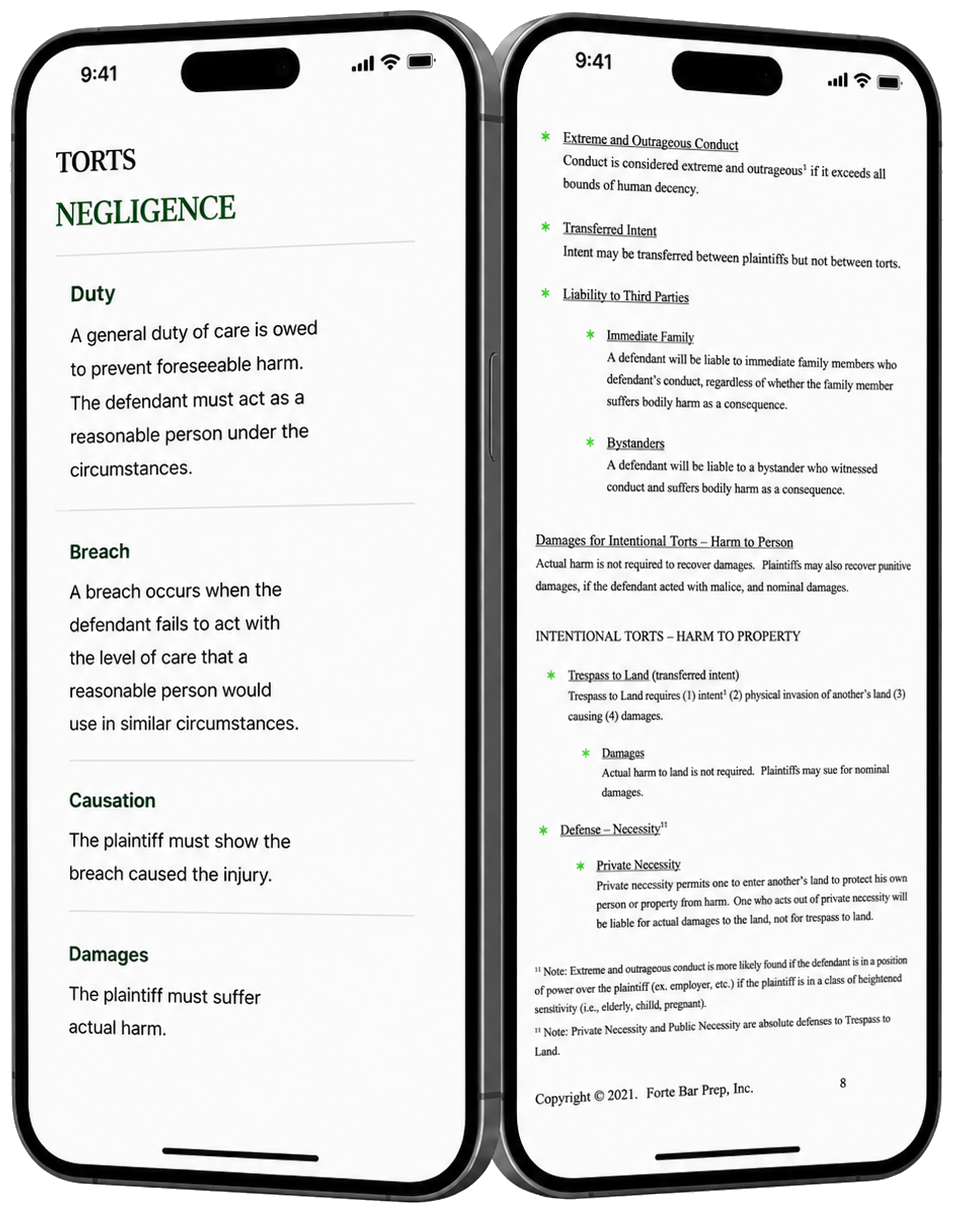 Two iPhones showing Torts negligence and outline content for bar exam study